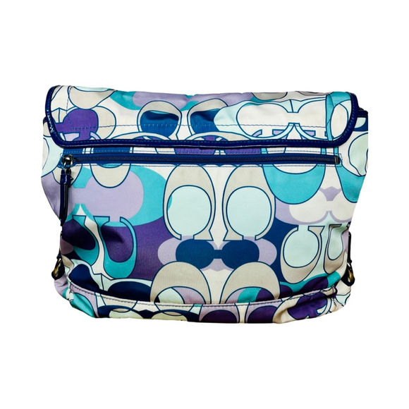 EUC Coach Kyra Daisy Scarf Signature Nylon Crossbody Messenger Blue Purple/COA - Picture 2 of 11